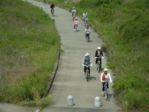 球磨川サイクリングロードを走る参加者